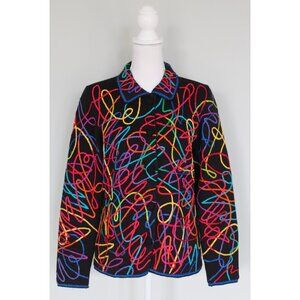 Vintage 90s MICHAEL SIMON Rainbow Squiggle Yarn Cardigan Sweater, Size M Medium